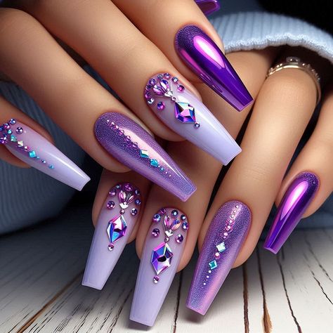 💅💅💅Most unique nail designs 💅💅💅Made with AI @Copyright by អាណាចក្រសម្រស់ [[ Beauty Empire ]] 🇰🇭 Bling Acrylic Nails Purple, Birthday Nail Set Ideas Purple, Long Purple Nail Designs, Acrylic Nails Rhinestones Bling, Purple Freestyle Nails, Purple Nails With Gems, Dope Nail Designs Swag, Nails Design Purple, Artificial Nails Designs