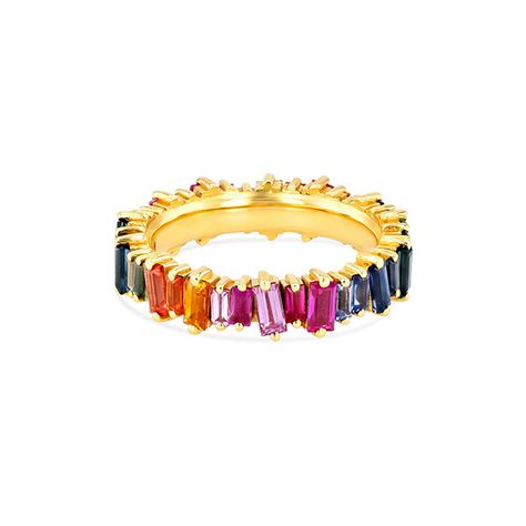 Rainbow Fireworks, Baguette Band, Sapphire Eternity Band, Sapphire And Diamond Band, Fireworks Design, Rainbow Sapphires, Suzanne Kalan, Handmade Fine Jewelry, Basic Design