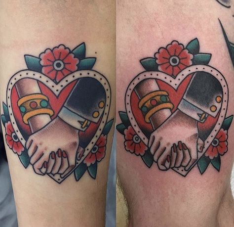 Traditional Holding Hands Tattoo, American Traditional Marriage Tattoo, Traditional Sibling Tattoos, Old School Matching Tattoos, True Love Traditional Tattoo, Old School Couple Tattoo, Couple Traditional Tattoo, American Traditional Wedding, Matching Traditional Tattoos