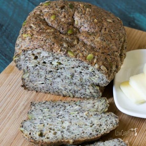 Low carb pumpkin sunflower seed psyllium bread Psyllium Bread, Psyllium Husk Recipe, Sunflower Seed Bread, No Carb Bread, Low Carb Cereal, Low Carb Pork, Pumpkin Sunflower, Lowest Carb Bread Recipe, Paleo Bread