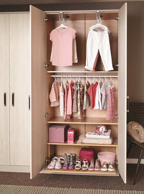 A good idea is to have a double rail in the wardrobe – one at a level they can reach and one higher up.  This can then be adapted to a single rail option as they grow and their clothes get bigger. Ideas for designing children's bedrooms. Kids bedrooms ideas. Storage for kids bedrooms. Organising kids bedrooms. Girls Wardrobe Ideas, Shallow Wardrobe, Kids Wardrobe Design, Fitted Wardrobe Design, Wardrobe Internal Design, Bedroom Ideas Kids, Toddler Storage, Sisters Room, Room Sharing