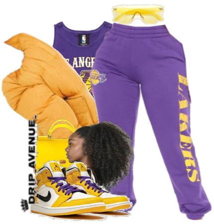 Laker Outfit Women Style, Yellow Shoes Outfit, Lakers Outfit, Girls Sneakers Outfit, Lakers Basketball, Teen Swag Outfits, Basketball Clothes, Baddie Fits, Purple Outfits