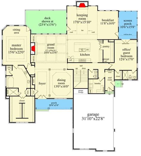 Floor Plan With Bonus Room, House Plans With Keeping Room, Craftsman Floor Plan, Finish Basement, French Entry Doors, Grand Room, Cedar Shake, Basement Floor Plans, Country Craftsman