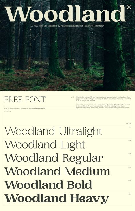 https://www.behance.net/gallery/71764735/Woodland-Free-Serif-Font?tracking_source=for_you_activity Nature Font Typography, Wide Sans Serif Font, Logo Serif Font, Plant Typography Design, Midcentury Modern Fonts, Forest Branding Design, Organic Fonts Typography, Nature Typography Design, Outdoorsy Font