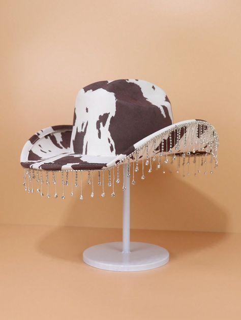 1pc Cow Print Western Cowboy Hat Silver Rhinestone Embellished Fringed Jazz Wool Hat For Bachelorette Party Music FestivalI discovered amazing products on SHEIN.com, come check them out! Urban Western, Boots Bling, Sequin Hat, Women Fedora, Goth Stuff, Boot Bling, Chile Pepper, Western Cowboy Hats, Party Music