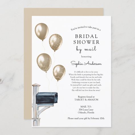 Bridal Long Distance Shower by Mail Invitation | #bymail #longdistance #acrossthemiles #showerbymail #showerfromafar #mailyourgifts #genderneutral #gold #balloonsinmailbox #bridalshower Bridal Shower By Mail, Baby Shower By Mail Invitation, Shower By Mail Invitation, Baby Shower By Mail, Shower By Mail, Baby Shower Invitation Cards, Preparing For Baby, Gold Balloons, Baby Shower Balloons