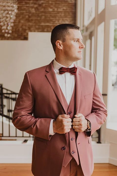 Industrial San Diego Wedding with a Pop of Pink | Friar Tux Pink Tux, Industrial Themed Wedding, Prom 2k24, Rosé Suit, Bride Suit, Groom Tux, Pink And White Weddings, Gold Suit, Wedding Clothes