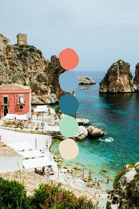 Beautiful colour palette inspired by a photograph of Tonnara di Scopello, Sicily, Italy by @nattyflo on Unsplash #colorinspo #colorpalette #summer #italy #branding #homedecor #beach Italian Color Palette Interior Design, Mamma Mia Colour Palette, Mediterranean Color Pallet, Wedding Color Schemes Italy, Italian Colors Palette, Capri Color Palette, Sicilian Color Palette, Sicily Color Palette, Beach House Colour Palette