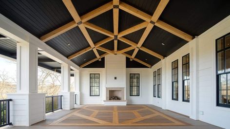 25 Inspiring Black Porch Ceiling Ideas To Try This Year - A House in the Hills Dark Patio Ceiling, Black Patio Ceiling Ideas, Black Porch Ceiling, Black Shiplap Ceiling, Black Soffit, Porch Ceiling Ideas, Covered Porch Ideas, Patio Ceiling Ideas, Black Porch