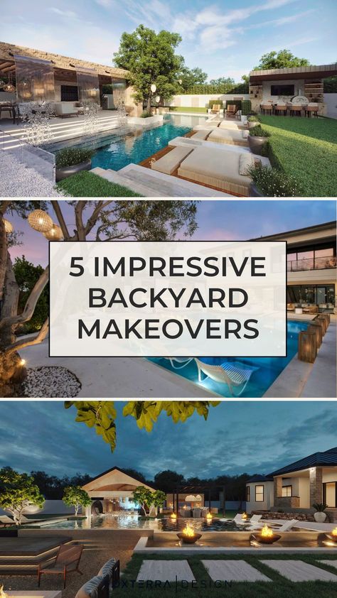 Read this post for a look at some of our favorite luxury backyard designs we have created for clients this year and what their outdoor spaces looked like before we completely transformed their yards. One exterior design trend we're seeing a lot this year is organic modern design which we love! Check out the designs, & book a design consultation to create your dream backyard oasis today. Follow for more luxury landscape design, luxury backyard design, and dream home design exterior inspiration! Modern Backyard Garden Design, Backyard Design For Entertaining, How To Landscape Backyard, Large Backyard Landscaping Designs Layout, Beautiful Patios Luxury Backyards, Amazing Backyards For Entertaining, Modern Garden Design Luxury Backyards, Luxury Backyard Ideas, Luxury Backyard Landscaping