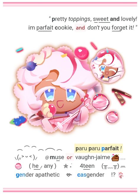 [A markdown pastebin website called rentry, themed around parfait cookie from cookie run kingdom.] Parfait Cookie Pfp, Parfait Cookie Run Kingdom, Parfait Cookie Icon, Gender Apathetic, Parfait Cookie, Cookie Parfait, Rentry Ideas, Pink Dessert, Strawberry Crepes