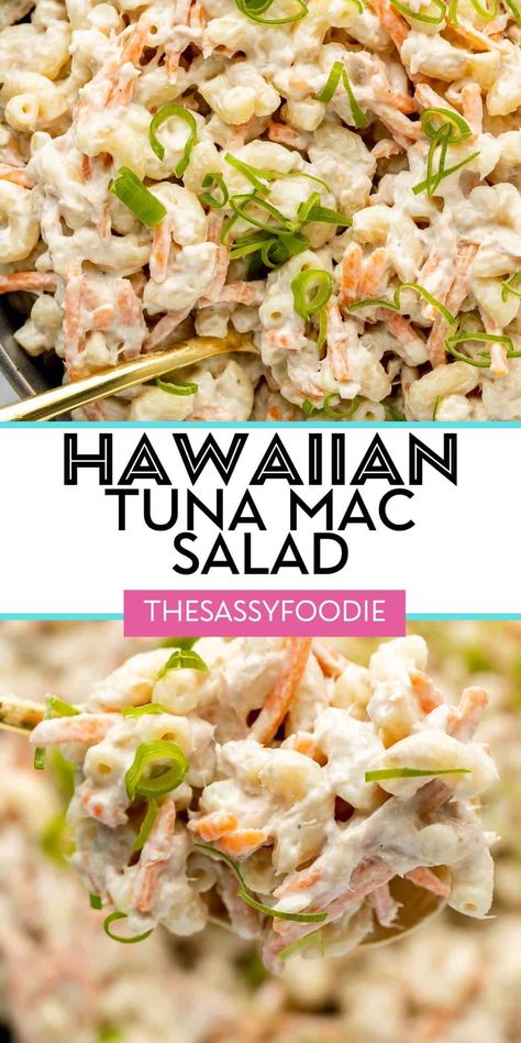 This Hawaiian tuna mac salad is a protein-packed version of a classic, creamy pasta favourite. A simple mayonnaise-based dressing, with the perfect balance of sweetness and tang is all you need for the best macaroni salad ever! Mac And Tuna Salad Recipe, Hawaiian Macaroni Salad With Tuna, Mac Salad With Tuna, Macaroni Tuna Salad, Tuna Mac Salad, Ono Hawaiian Macaroni Salad, Healthy Hawaiian Macaroni Salad, Best Macaroni Salad Ever, Tuna Elbow Macaroni Salad