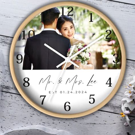 💕Personalized Photo, Name and Established Date Wood Wall Clock, with black number accents. Customize your living space with your photo, family name and established date. A practical accent in any room, this unique high quality Wood Wall Clock serves as a statement piece. This clock is completely silent, and is a great conversation piece for any living area. More color options available! Also perfectly gifted for Engagement, Wedding, Anniversary or a Housewarming Gift for a Special Couple! 🤩 ... Photo Family, Wood Wall Clock, Family Name, Engagement Wedding, Conversation Piece, Your Photo, Wood Wall, Housewarming Gift, Living Area