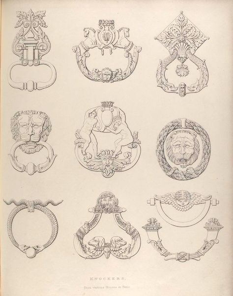 Knockers from various houses in Paris. 1836 Door Knocker Tattoo, Vintage Door Knocker, Lion Door Knocker Tattoo, Victorian Door Knocker, Medieval Door Drawing, Art Deco Door Knocker, Lion Head Door Knocker, Door Knockers Vintage, Lion Door Knocker