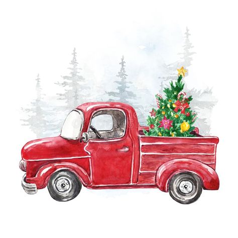 Bright Christmas Tree, Truck With Christmas Tree, Red Pickup Truck, Retro Truck, Watercolor Christmas Card, Christmas Tree Truck, Christmas Picks, Tree Winter, Merry Bright Christmas