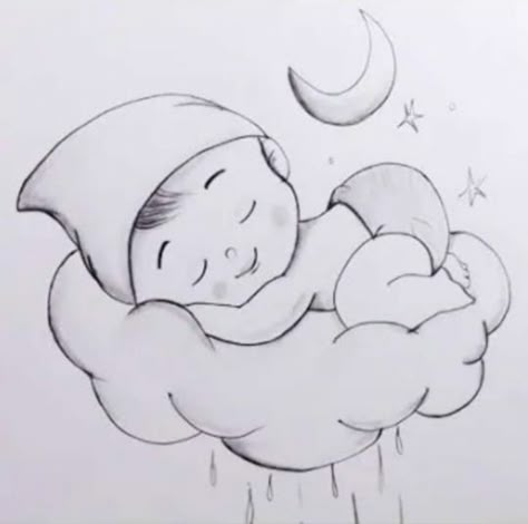 Baby Sketch Pencil Drawings, Nursery Sketches, Baby Shower Drawing, Cute Baby Drawing, Baby Drawing Easy, Sleeping On Clouds, Easy Hand Drawings, Baby Sketch