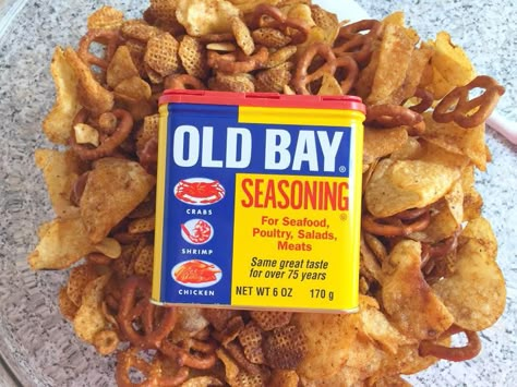 Old Bay Pretzels, Old Bay Snack Mix Recipe, Old Bay Crackers, Old Bay Chex Mix Recipes, Old Bay Recipes, Cereal Mixes, Gluten Free Snack Mix, Maryland Recipes, Sweet Chex Mix