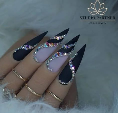 Pink And Black Nails With Rhinestones, Black And Silver Bling Nails, Bling Stiletto Nails Rhinestones, Black Stiletto Nails With Rhinestones, Stilleto Nails Designs Rhinestones, Stiletto Nails With Charms, Black Nails With Diamonds Rhinestones, Stiletto Nails With Gems, Stiletto Nails Designs Classy