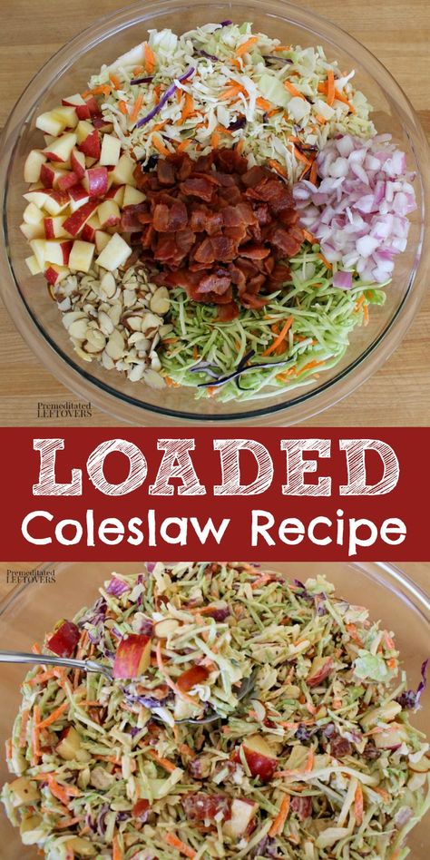 This loaded coleslaw recipe has two types of slaw: traditional cabbage slaw and broccoli slaw. It also has bacon, apple, onion, and almond slivers. This #coleslaw with #bacon is perfect for your next #barbecue or #partyrecipes Corn Cabbage Slaw, Cabbage And Broccoli Salad, Delicious Coleslaw Recipes, Kevin Bacon Asian Slaw, Coleslaw Meal Ideas, What To Do With A Bag Of Coleslaw, Coleslaw Soup Recipe, How To Shred Cabbage For Coleslaw, Fancy Coleslaw Recipe