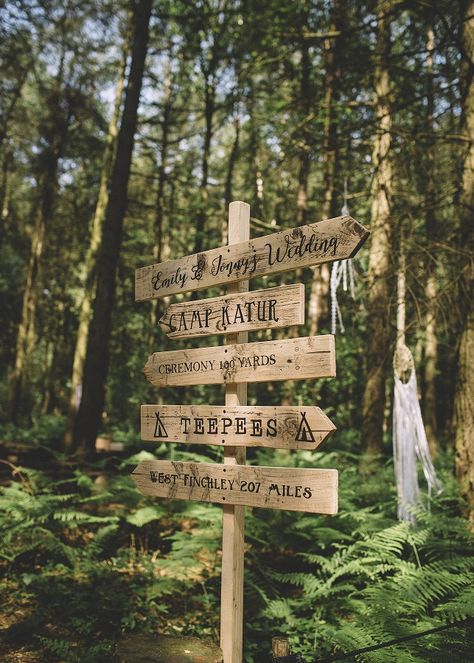 Outdoor wedding signage by Suzanne Oddy Design at Camp Katur. #wedding #rusticwedding #weddingsignage #outdoorwedding #campkatur #weddingblog Wood Sign Outdoor, Rustic Signage Design, Wood Signage Design, Camp Entrance, Festival Signage, Camp Signage, Trail Signage, Camp Signs, Rustic Signage