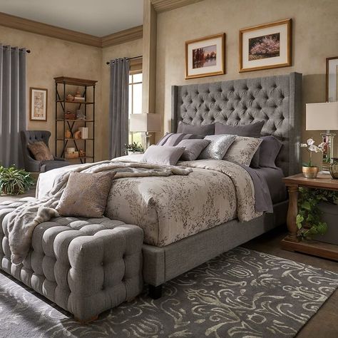 Bedroom Furniture Glam, Grey And Beige Bedroom Furniture, Master Bedrooms With Gray Furniture, Grey Tufted Sleigh Bed, Espresso Bed Frame Master Bedrooms, New Bed Set Master Bedrooms, High Headboard Bed, High Headboard Beds, High Headboard