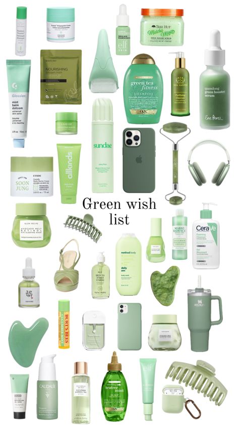 #green #greenaesthetic #wishlist Green Girly Things, Green Wishlist, Green Gift Basket Ideas, Christmas Wishlist 2023, Green Basket, Birthday Basket, Skin Care Items, Birthday Gift Baskets, Cute Birthday Gift