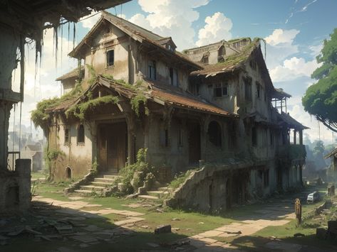 Anime Abandoned Building, Abandoned House Concept Art, Fantasy Abandoned House, Fantasy Abandoned Village, Fantasy House Art, Anime Village, Anime Locations, Anime Style Art, Land Mark