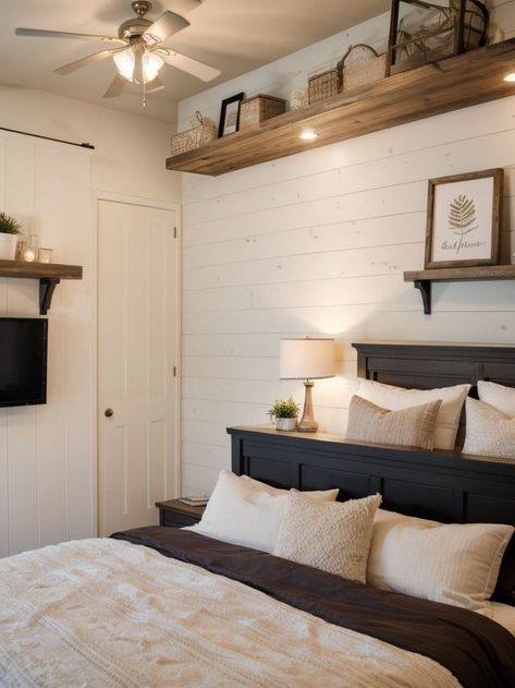 Horizontal Shiplap Bedroom, Shiplap In Bedroom Wall, Shiplap Wall With Floating Shelves, Shiplap Behind Bed, Shiplap Accent Wall Bedroom, Bedroom Shiplap Accent Wall, Shiplap Wall Bedroom, Easy Accent Wall Ideas, At Home Salon Ideas