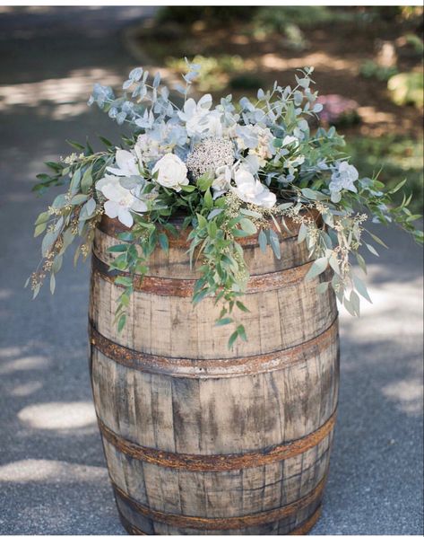 Wine Barrel Wedding Eucalyptus, Wedding Barrel Flowers, Small Boho Bouquet Wedding, Decorating Wine Barrels For A Wedding, Rustic Wine Barrel Wedding Decor, Carboy Jug Decor Wedding, Flowers On Wine Barrels Wedding, Barrel Floral Arrangements Wedding, Wine Barrel Arrangements Wedding