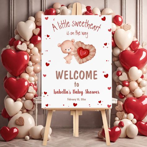 A little sweetheart is on the way! Bring the most adorable feeling to your baby shower with this darling baby bear themed welcome sign foam board in red, white and beige. Featuring an adorable baby bear holding a sweet heart shaped cookie, little hearts around. Just perfect for your February gender neutral or boy baby shower around the Valentines day. Easily personalize the text. - Kate Eden Art Red Gender Reveal Party, Boy Valentine Baby Shower Ideas, Little Love Baby Shower Theme, Feb Baby Shower Themes, Baby Shower Ideas For February, Valentines Theme Baby Shower Ideas Boy, Baby Shower In February Ideas, Baby Shower Ideas Valentine Theme, Valentines Boy Baby Shower Ideas