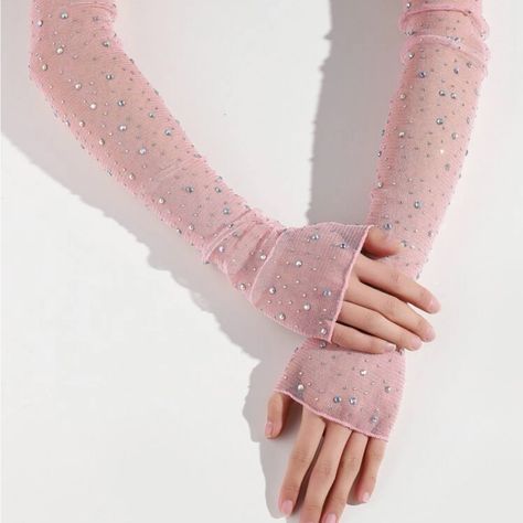 Pink Rhinestone Decor Arm Sleeves Pink Armor, Rhinestone Gloves, Prom Gloves, Fancy Gloves, Fair Outfit, Black Mittens, Lace Fingerless Gloves, Printed Gloves, Long Fingerless Gloves