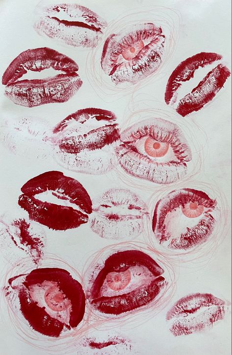 Expression through sight and sound #art #artwork #red #lipstick #eyes Eye In Mouth Drawing, Facial Features Art Gcse Page, Strange And Fantastic Gcse, Facial Features Art Gcse, Multiple Eyes Art, Fantastic And Strange Gcse Art, Facial Features Art, Overlapping Art, Mouth Art