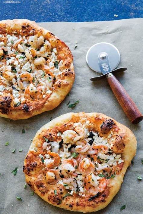 Shrimp and Feta Pizza with Roasted Red Pepper Pesto Cold Vegetable Pizza, Roasted Red Pepper Pesto, Seafood Pizza Recipes, Red Pepper Pesto, Vegetable Pizza Recipes, Feta Pizza, Shrimp Pizza, Pepper Pesto, Seafood Pizza