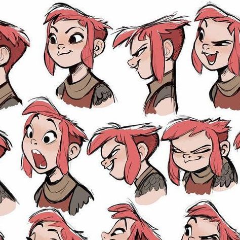 BJ Crawford on Instagram: "Nimona Expression sheet. This was one of the assignments I was most happy with. But the journey wasn’t easy. Nimona went through many design passes. So this page got revised along with her design. There were many notes, most of them were improvements. Even in this page she looks a bit younger than in the final film. But her spirit is still here. This page represents, like the film, a true collaboration of artists. #nimonafilm #nimona #2danimation #expressionsheet #pose Oc Expression Sheet, Cartoon Face Expressions Character Design, Happy Expression Drawing, Easy Animation Ideas, Character Design Emotions Expression Sheet, Pixar Expression Sheets, Character Expression Sheet, Nimona Comic Movie Poster, Nimona Fan Art