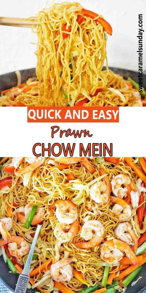 Chopsticks holding noodles over a large black pan of the same. There is text written between 2 images. Prawn Chow Mein Recipe, Shrimp Chow Mein Recipe Easy, Prawn Chow Mein, Prawn Noodle Recipes, Shrimp Chow Mein, Noodles Shrimp, Fried Noodles Recipe, Fried Noodle, Chow Mein Recipe