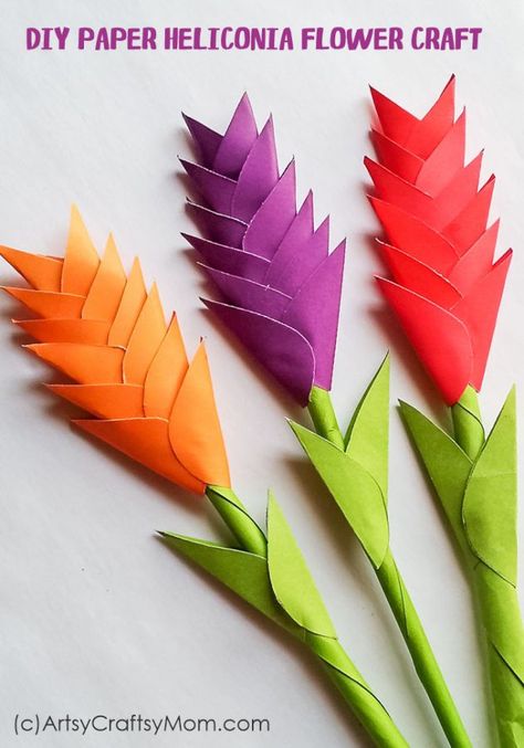 DIY Paper Heliconia Flower Craft Rainforest Flowers, Heliconia Flower, Hot Air Balloon Craft, Jungle Decorations, Jungle Flowers, Easy Paper Flowers, Balloon Crafts, Flower Collage, Paper Craft Tutorials