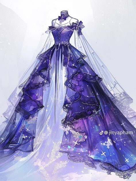 Flower Dress Drawing, Purple Gown Aesthetic, Purple Fantasy Dress, فستان زهري, Galaxy Dress, Magical Dress, Dress Design Drawing, Fashion Design Patterns, Clothing Design Sketches