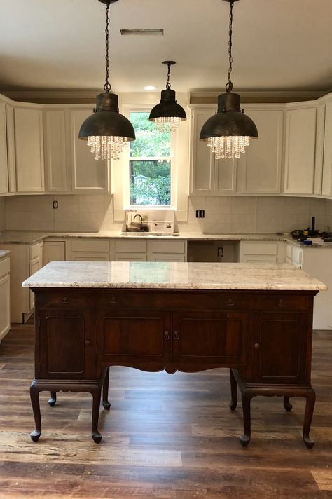 Diy Vintage Kitchen Island, Buffet Island Kitchen, Sideboard Kitchen Island, Island Out Of Dresser, Buffet Into Kitchen Island, Buffet Kitchen Island, Antique Island, Kitchen Island Interior, Unique Kitchen Island Ideas