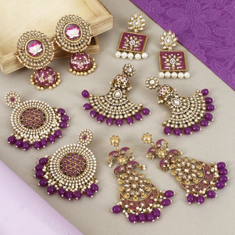 Indian Heavy Earrings, Purple Earrings Indian, Purple Jhumka, Kundan Ring, Purple Queen, Bridal Jewellery Inspiration, Indian Wedding Jewelry Sets, Indian Jewelry Earrings, Antique Jewellery Designs