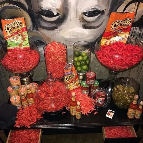 Hot Cheeto Table for Mexican Fiesta Mexican Birthday Parties, Mexican Snacks, Fiesta Birthday Party, Mexican Birthday, Fiesta Theme Party, Sleepover Food, Fiesta Theme, Junk Food Snacks, Food Babe