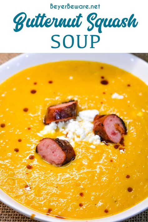 Butternut Sausage Soup, Butternut Squash Soup With Meat, Butternut Squash Sausage Soup, Soup With Smoked Sausage, Butternut Squash Sausage, Savory Butternut Squash, Healthy Butternut Squash, Butternut Squash Apple, Baked Squash