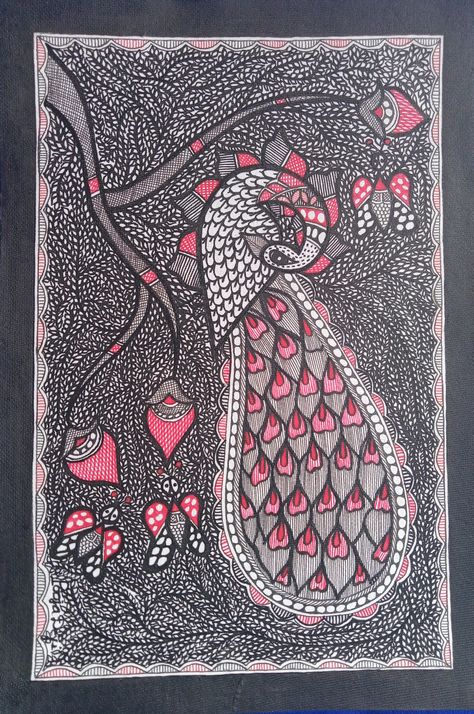 Kachni style Madhubani painting Madhubani Tree, Madhubani Designs, Mithila Painting, Pakistani Art, Madhubani Paintings, Contemporary Folk Art, Colour Splash, Madhubani Art, Ganesha Painting