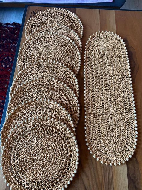 Set of 6 Placemats with Runner, Jute Placemat Round, Raffia Table Runner Set, Beaded Placemat, Table decor Mats, Rustic Placemats Place Mats Ideas Dining Rooms, Placemats Ideas Dining Rooms, Raffia Placemat, Rattan Placemat, Rustic Placemats, Jute Mats, Crochet Table Mat, Bead Matted, Bridal Table