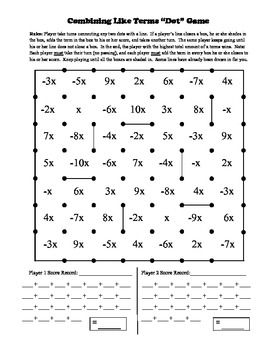 COMBINING LIKE TERMS DOT GAME - TeachersPayTeachers.com Algebra Equations Worksheets, Pre Algebra Worksheets, Literal Equations, Simplifying Algebraic Expressions, Math Expressions, Teaching Algebra, Algebra Equations, Algebra Activities, Dots Game