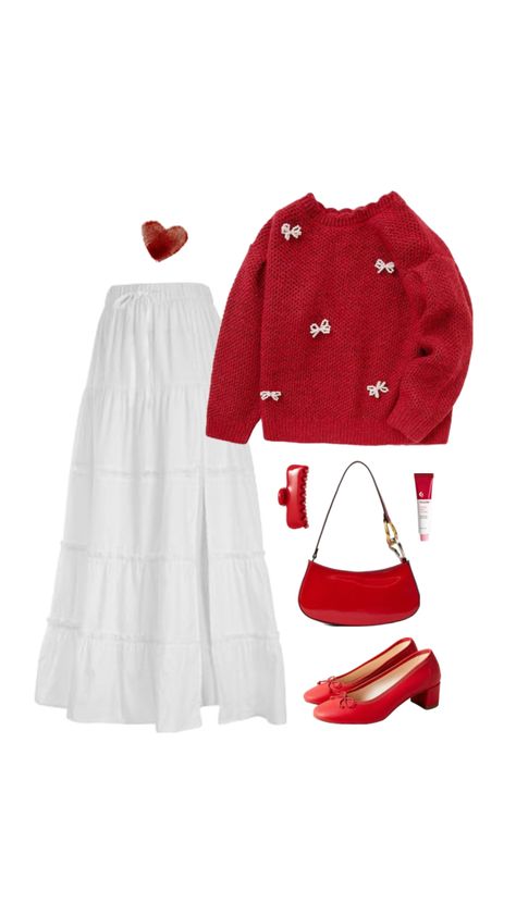 #outfitinspo #red #redoutfit #beauty #outfits #fit #fashion #modesty #modestfashion #redaesthetic #coquette Red And White Summer Outfit, Modest Coquette Outfits, Red Coquette Outfit, Choir Outfits, Thrift Wishlist, Beauty Outfits, Holiday Fits, Outfit For Church, White Skirt Outfits