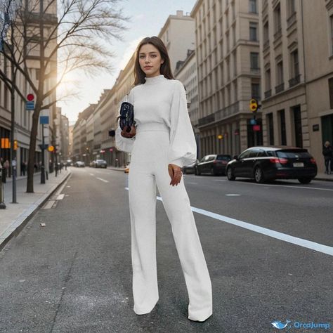 Orcajump - Stylish and Casual Long Sleeve Jumpsuit with High Collar and Wide Leg Pants Long Jumpsuit Outfit, White Long Jumpsuit, Fitted Jumpsuit, Long Sleeve Jumpsuit, Leg Design, Lantern Sleeves, High Collar, Dressmaking, Leg Pants