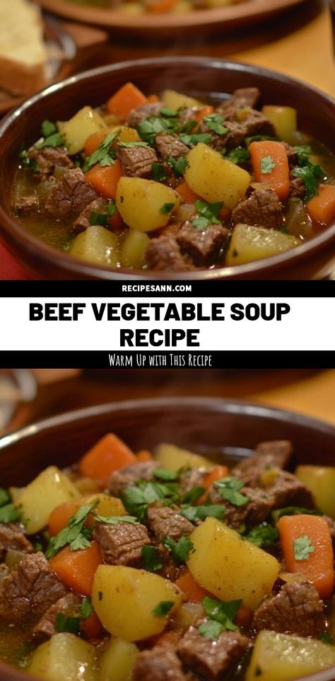 I absolutely love this Beef Vegetable Soup recipe! It’s the perfect dish to warm up with on a chilly day. Packed with tender beef, vibrant carrots, and hearty potatoes, each spoonful is filled with flavor. Trust me, your family will ask for seconds! Vegetable Beef Soup Recipes, Beef Vegetable Soup Recipe, Carrot Potato Soup, Beef Chunks, Beef Vegetable Soup, Comforting Meals, Gluten Free Vegetables, Vegetable Soup Recipe, Beef Soup Recipes