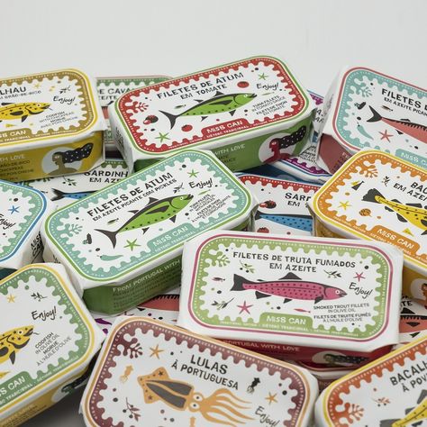 Miss Can - Premium Tinned Fish Fishing Booth, Fresh Food Packaging, Tinned Fish, Fish Graphic, Vintage Patches, Post Stamp, Fresh Fish, Creative Packaging, Canned Food