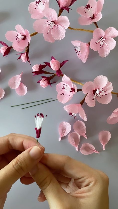 Cherry Blossom Project, Paper Mache Cherry Blossom Tree, Cherry Blossom Craft, Origami Cherry Blossom, Bride Basket, Simple Paper Flower, Crepe Paper Flowers Diy, Cherry Blossom Theme, Paper Flowers Diy Easy