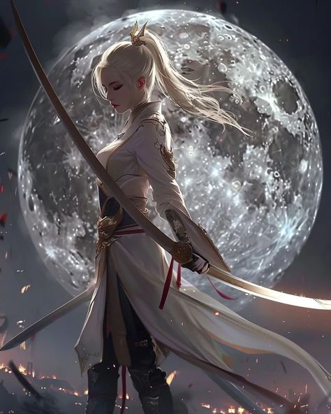 a woman dressed in white holding a sword and standing in front of a full moon, by Huang Ji, fantasy art, she is holding a sword, beautiful fantasy maiden, anime fantasy artwork, ((a beautiful fantasy empress)), elegant cinematic fantasy art, goddess of the moon Fantasy Moon Goddess, Moon Goddess Art, Light Vs Dark, Goddess Of The Moon, Dressed In White, Weird Dreams, Goddess Art, Moon Goddess, Fantasy Artwork